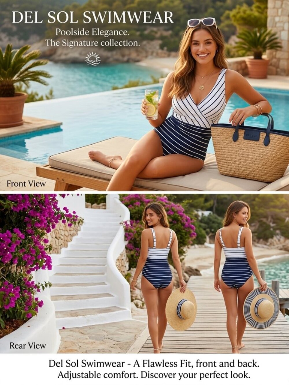 Kona Sol Navy White Striped Wrap One-Piece Swimsuit Large 12–14
